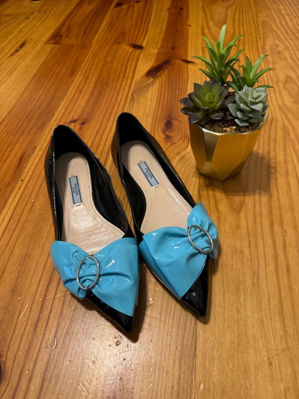 PRADA Shoes Flats Black Turquoise Ribbon Bow Leather Women’s US 7 Prada SIZE 37